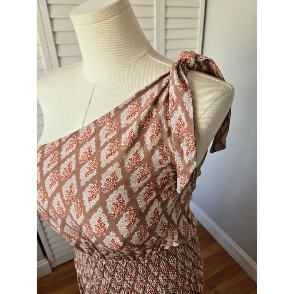 Cupshe Retro One-Shoulder Smocked Maxi Dress Brown Floral M Resort Boho Chic - Picture 4 of 10
